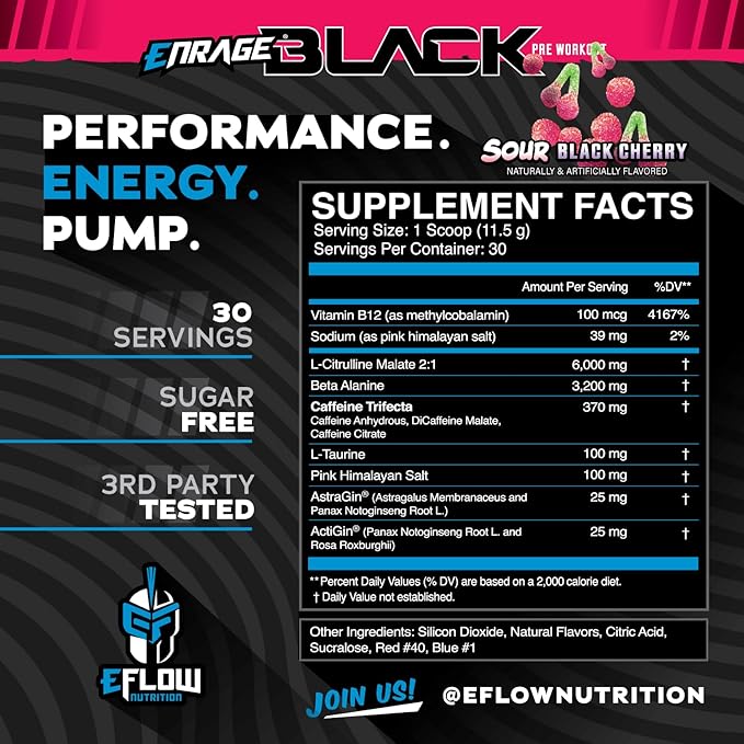 eFlow Nutrition Enrage Black High Stimulant Pre Workout Supplement - Preworkout Powder to Boost