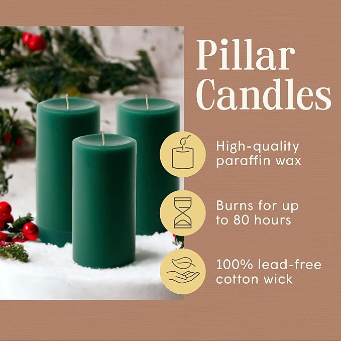 Mister Candle Dripless Unscented Pillar Candles, Set of 3 Hand Poured Hunter Green Pillar Candles