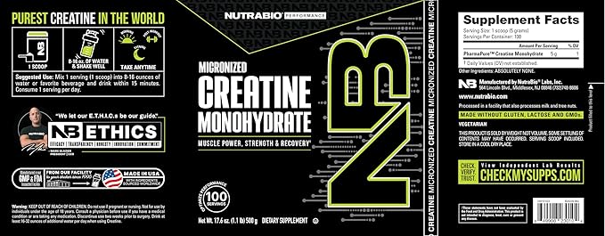 NutraBio Pure Micronized Creatine Monohydrate Powder Supplement, Unflavored, (500 g) - Supports