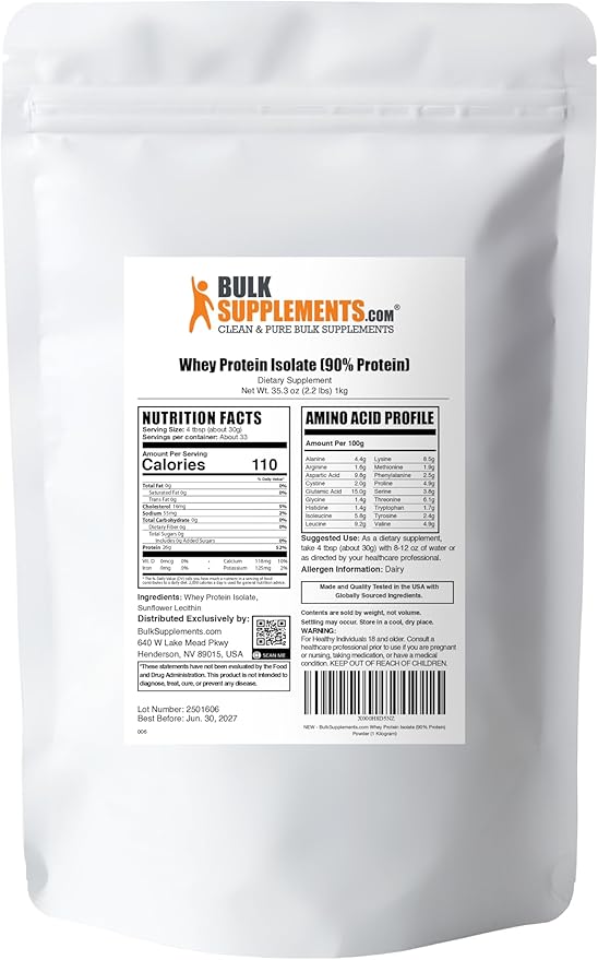 BulkSupplements.com Whey Protein Isolate Powder - Whey Protein Powder, Unsweeteneed, Unflavored &