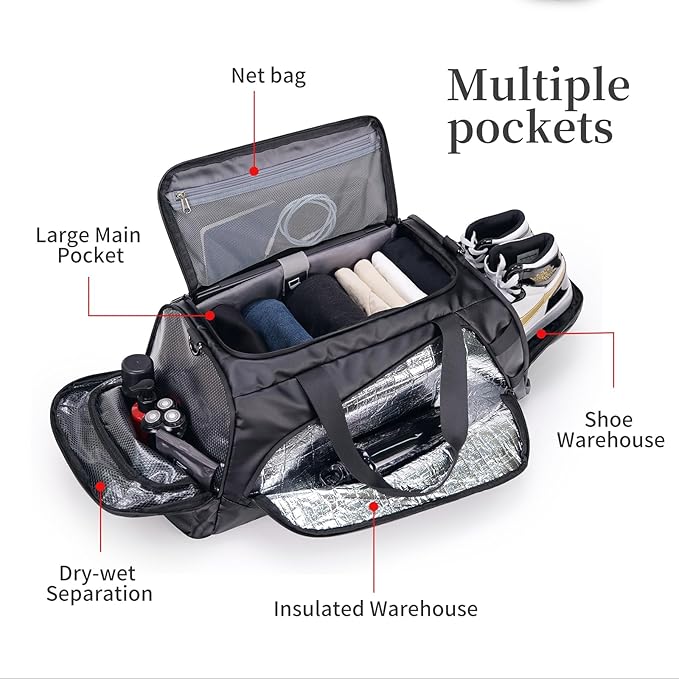 Duffle Bag for Travel, Carry on Gym Bag for Men, Waterproof Sport Bags with Shoe Compartment, 40L