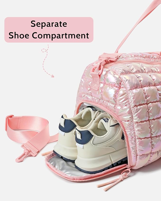 Quilted Duffel Bag for Women, Puffer Gym Duffle Bag with Shoe Compartment Lightweight Large