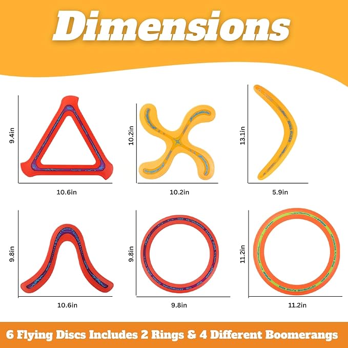 6 PCS Flying Ring Combo Pack Sports Plastic Pro Discs, Rings and Boomerangs - Lightweight Sports