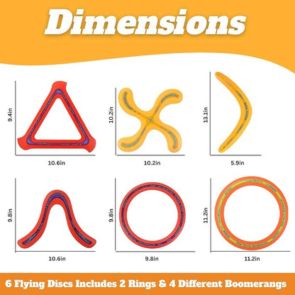 6 PCS Flying Ring Combo Pack Sports Plastic Pro Discs, Rings and Boomerangs - Lightweight Sports