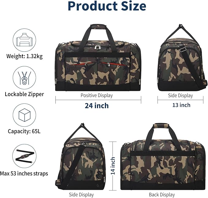24 inch Large Gym Bag for Men - 65L Hard Bottom Duffle Bag with Shoes Compartment for Sport/Travel