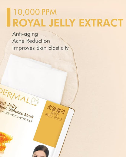 DERMAL Royal Jelly Collagen Essence Korean Facial Mask Sheet Pack of 10 - Intensive Moisture