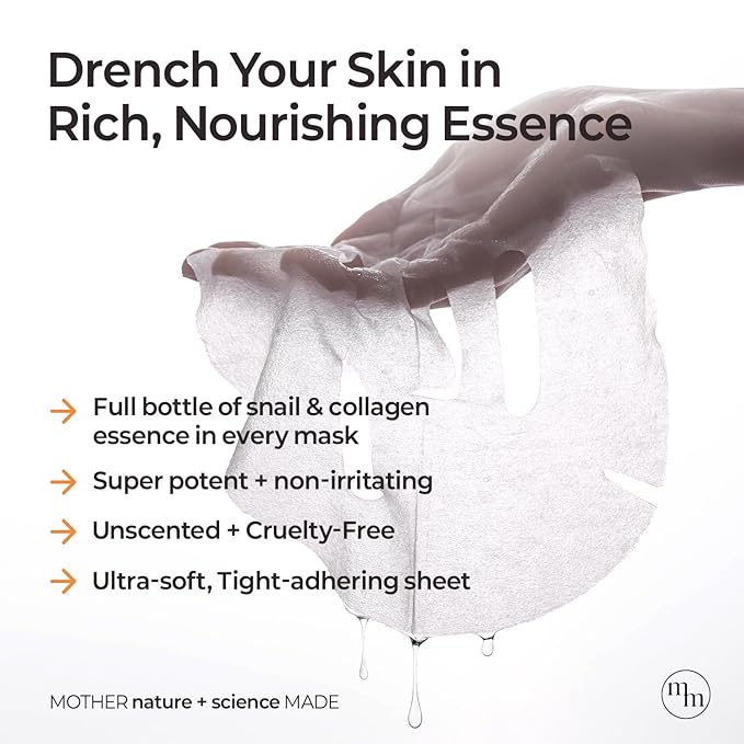 MOTHER MADE Glowing Glass Skin Hydrating Snail Deep Collagen Face Masks 10 EA, with Niacinamide 2%