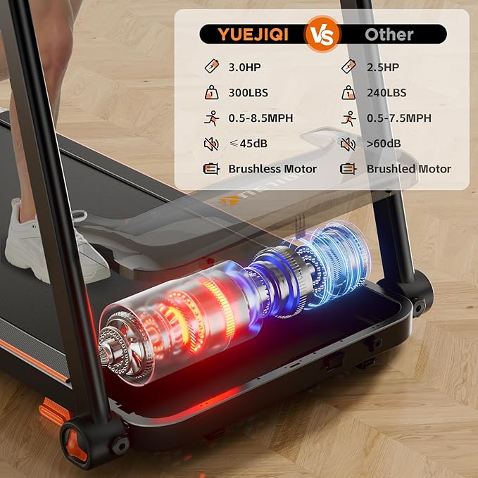 Treadmills for Home, 3.0HP Quiet Brushless Foldable Treadmill with Incline, Small Space Portable