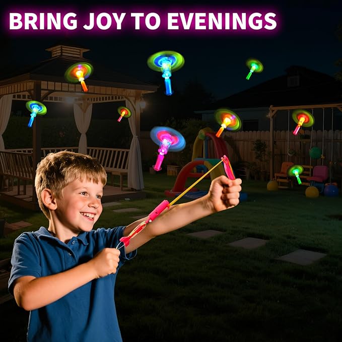 25 Packs LED Flying Toys Set with Whistle,25 Rocket Slingshot+25 Glow Arrow Helicopter for Summer