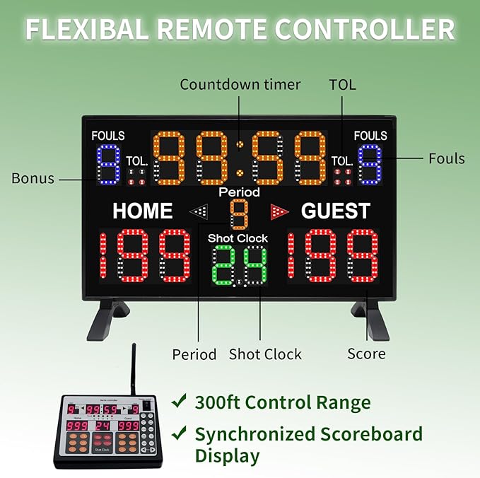 Basketball Digital Scoreboard with Remote,Battery Powered Portable Tabletop Electronic Scoreboard