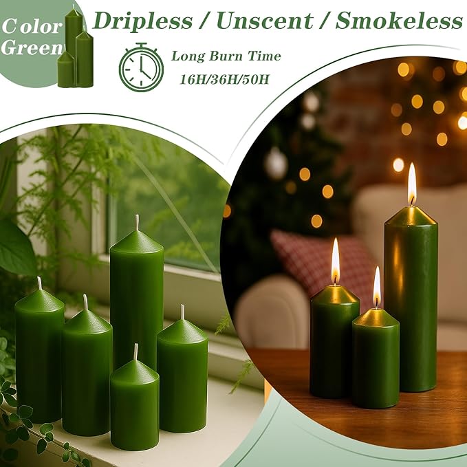 36 Pcs Green Pillar Candles Bulk Set，Hurricane Candlesï¼? Different Lengths (12 Each)，Dripless