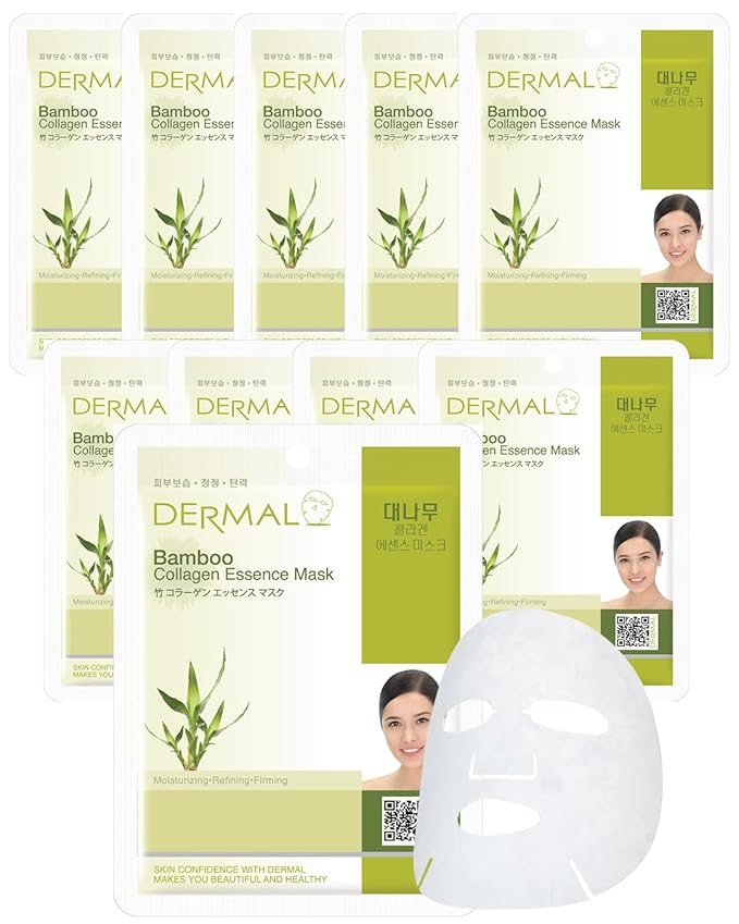 DERMAL Bamboo Collagen Essence Facial Mask Sheet 23g Pack of 10 - Hydrating & Calming, For Dewy and