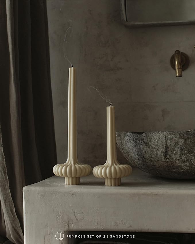 LAWA Set of 2 Pumpkin Base Candle - Beautiful Handmade Pillar Unscented Soy Wax Elegant Aesthetic