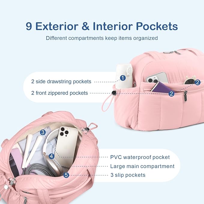 TOPDesign Travel Duffel Bag for Women, Puffer Gym Bag Sports Tote with Wet Pocket, Carry On