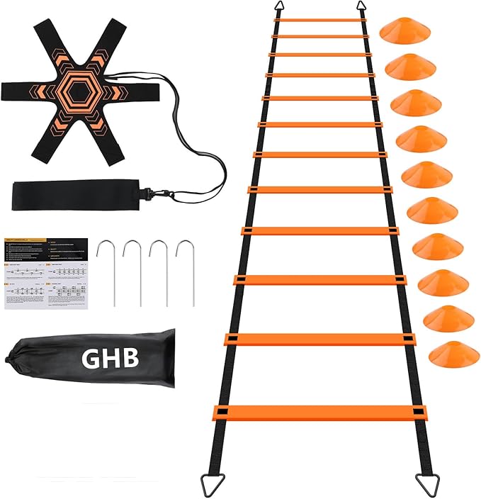GHB Pro Agility Ladder Soccer Kick Trainer Set 20ft 12 Rung 10 Cones and 4 Stakes Speed Agility