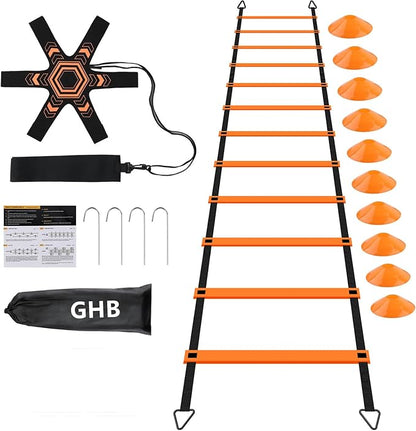 GHB Pro Agility Ladder Soccer Kick Trainer Set 20ft 12 Rung 10 Cones and 4 Stakes Speed Agility