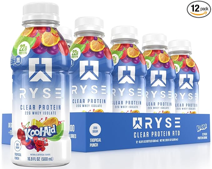 RYSE Clear Protein Shake - Kool-Aid Tropical Punch - 100 Calories, 22g Whey Isolate Protein