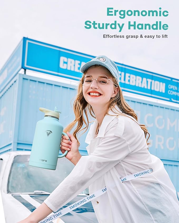 Half Gallon Water Bottle with Handle and Carry Pouch,64 oz Stainless Steel Insulated Jug Flask with