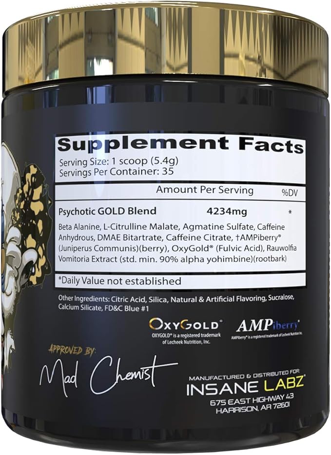 Insane Labz Psychotic Gold, High Stimulant Pre Workout Powder, Extreme Lasting Energy Focus, Pumps