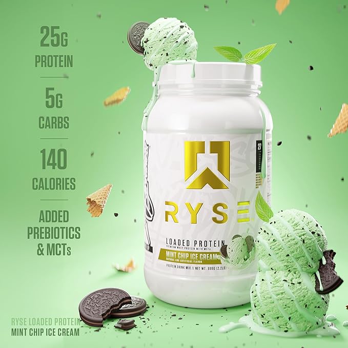 RYSE Loaded Protein Powder - Mint Chip Ice Cream - 25g Whey Protein Isolate & Concentrate with