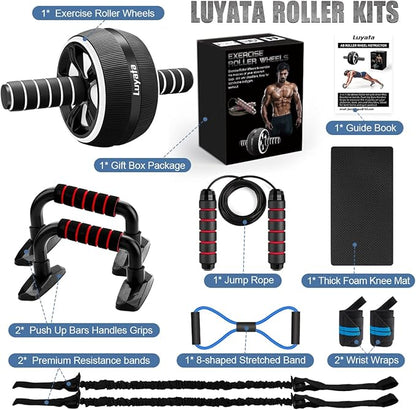 Ab Roller Wheel, 10-In-1 Ab Exercise Wheels Kit with Resistance Bands, Knee Mat, Jump Rope, Push-Up