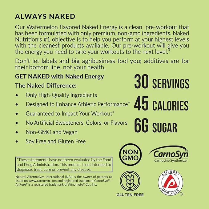 NAKED Watermelon Energy - Clean Pre Workout Supplement for Men and Women, Vegan Friendly, No Added