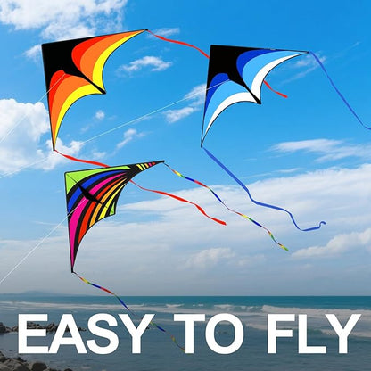 3 Pack Delta Kite Set for Adults and Kids, Single Line Beach Kites for Boys & Girls, Three Handle