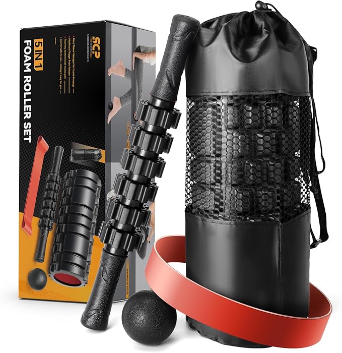 5 in1 Foam Roller Set, Trigger Point Foam Roller, Massage Roller Stick, Massage Ball, Resistance