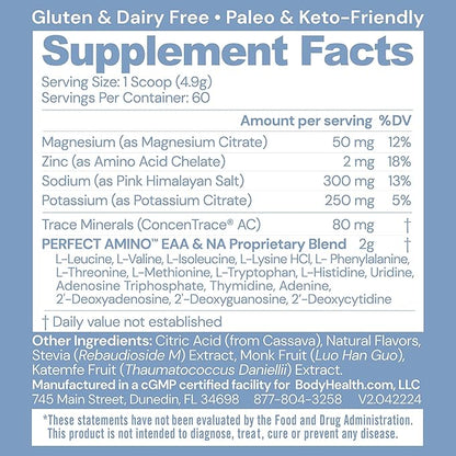 BodyHealth PerfectAmino Electrolytes Powder No Sugar, Hydration Fasting Keto Zero Sugar