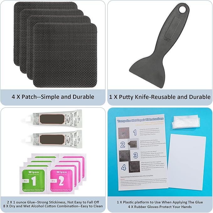 Trampoline Patch Repair Kit 4"X 4" Square On Patches | Repair Trampoline Mat Tear or Hole in a