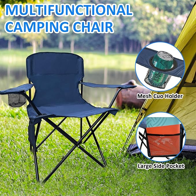 Folding Camping Chair, 225lb Capacity, Includes Cup Holder & Side Storage Bag, 5.5lbs Portable for