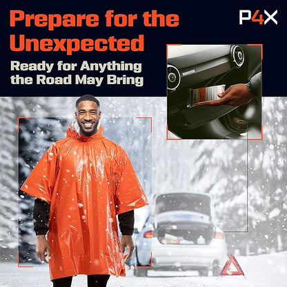 PREPARED4X Emergency Poncho and Mylar Blanket Liner - Waterproof, Wind-Resistant Outdoor Rain