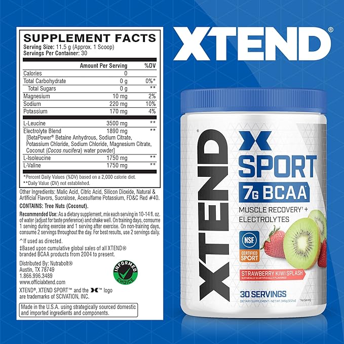 XTEND Sport BCAA Powder Strawberry Kiwi Splash - Electrolyte Powder for Recovery & Hydration with