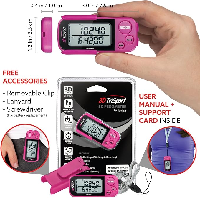 3DTriSport Walking 3D Pedometer with Clip & Strap, eBook Included | 30 Days Memory, Accurate Step