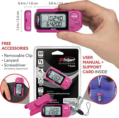 3DTriSport Walking 3D Pedometer with Clip & Strap, eBook Included | 30 Days Memory, Accurate Step