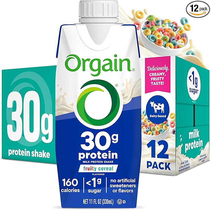 Orgain 30g High Protein Shake, Dairy Isolate Milk Protein, Fruity Cereal, 5g BCAAs, <1g Sugar Per