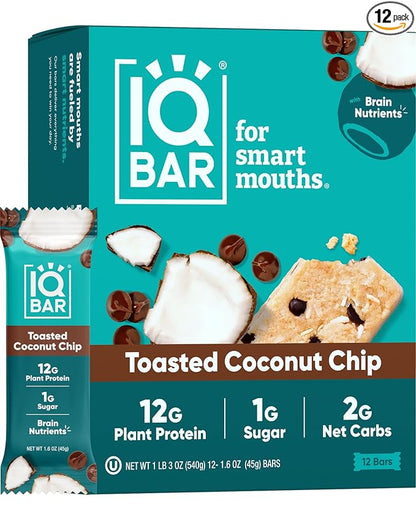IQBAR Brain and Body Plant Protein Bars - Toasted Coconut Chip - 12-Count Low Carb - Gluten Free