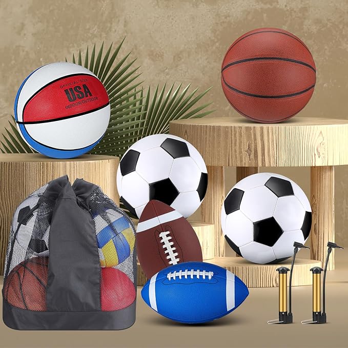 Sratte 6 Pcs Sports Balls Set for Kids Teens Adults Official Size Football Soccer Basketball with
