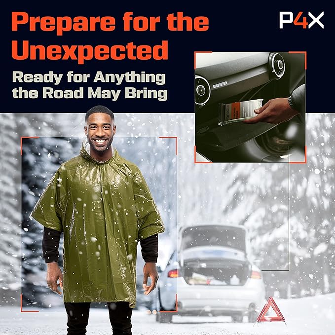 PREPARED4X Emergency Poncho and Mylar Blanket Liner - Waterproof, Wind-Resistant Outdoor Rain