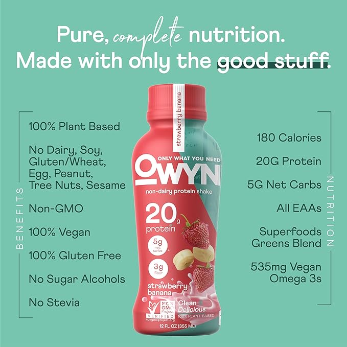 OWYN Only What You Need Vegan Protein Shake, Strawberry Banana,12 Fl Oz (Pack of 12), 100-Percent