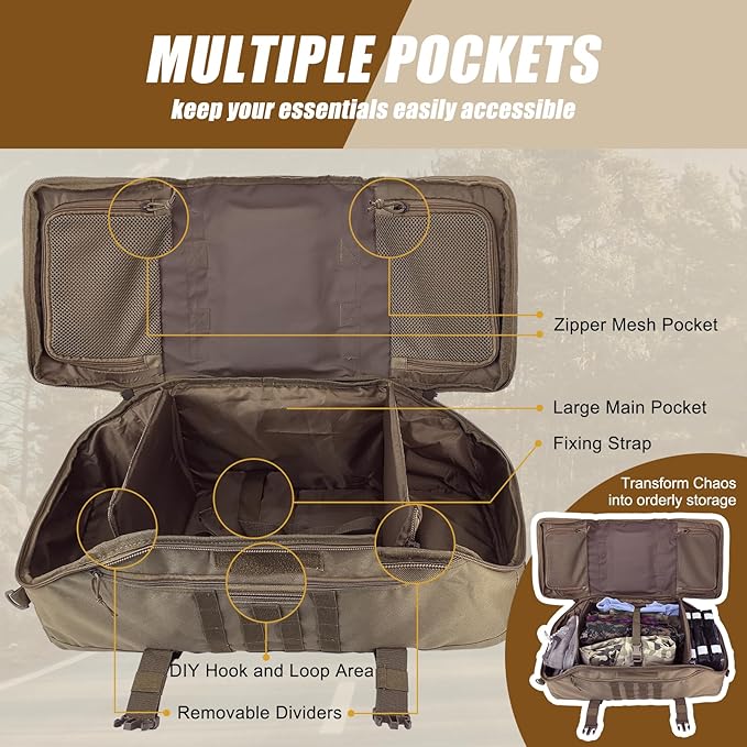 65L Large Travel Gym Duffle Bag Military Tactical Backpack, Army Pack 3 Day Bug Out Bag Rucksack
