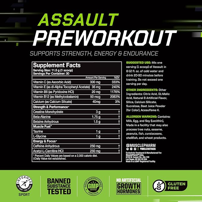 Muscle Pharm Assault Energy & Strength Pre Workout Powder for Men & Women with Beta Alanine