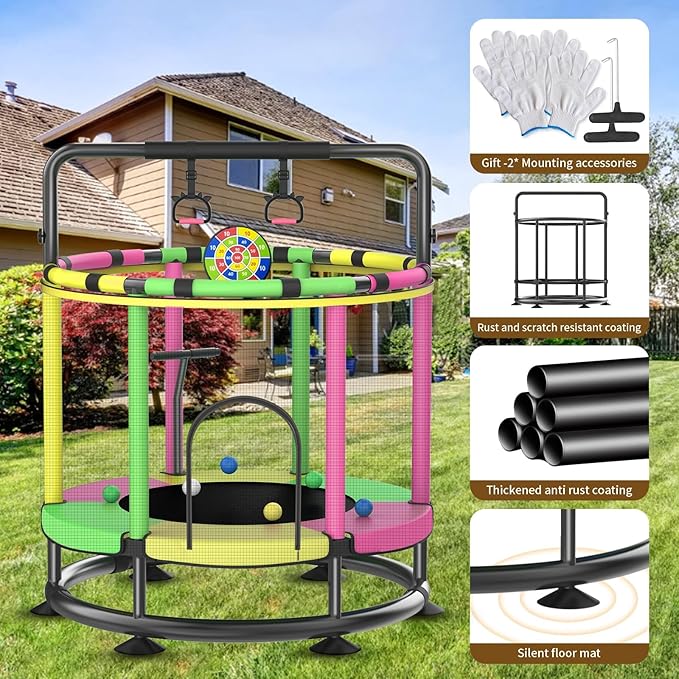 Trampoline for Kids, Full Anti-Rust 440lbs Anti-Rollover Round Bottom Toddler Trampoline