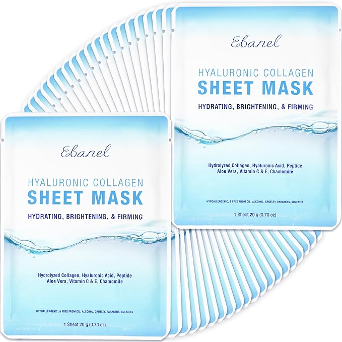 Ebanel 40 Pack Collagen Face Mask with Hyaluronic Acid, Vitamin C, Peptide, Aloe, Instant
