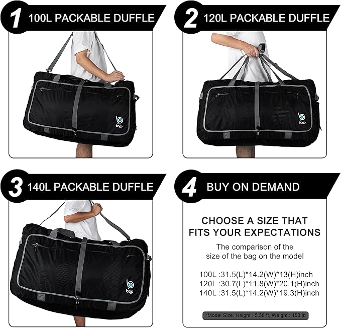 Bago Large Foldable Duffel Bags for Traveling Women & Men - 120L Packable Duffle Bag for Travel