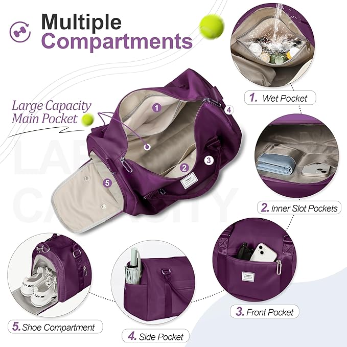 FIORETTO Womens Gym Tote Duffle Bag with Wet Pocket & Shoe Compartment, Sports Duffel Overnight