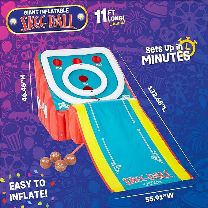 Flybar FunPark Giant Inflatable Skee-Ball Game – 11 Ft Long w/ 4 Balls & Electric Air Pump – Indoor