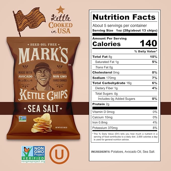 MARK’S Kettle Cooked Avocado Oil Potato Chips, Sea Salt – Seed Oil & GMO Free | Sea Salt, 5 oz