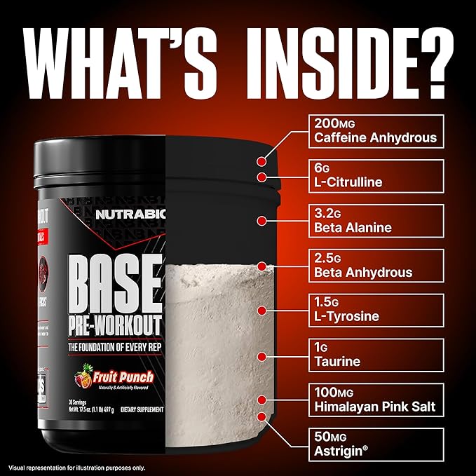 NutraBio Base Pre-Workout Powder 200mg Caffiene, Sustained Energy, Focus, Endurance, Pump, Sugar