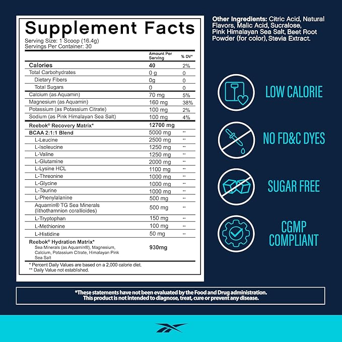 Reebok REECover Amino Acids + Electrolytes | 8g EAAs, 5g BCAAs, Hydration Matrix | Muscle Recovery